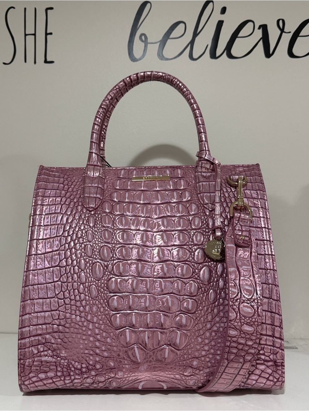 Brahma Metallic Croc-Embossed Tote in Rose - Picture 1 of 1
